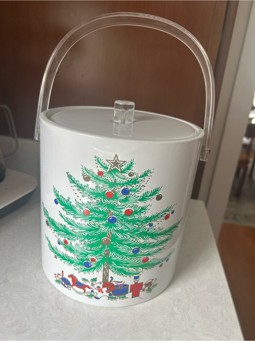 White Ice Bucket with Green Christmas Tree Holiday Design